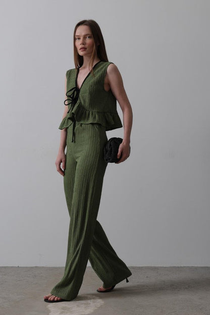 Önü Bağlamalı Volanlı Örme Takım - Haki