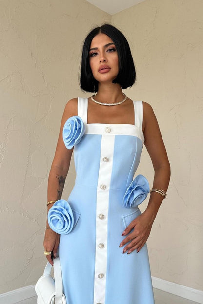 Mavi Güllü Askılı Elbise