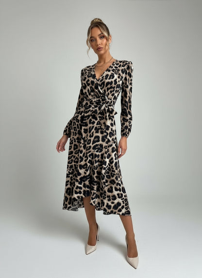 Kadın Uzun Kollu Kruvaze Yakalı Belden Kuşaklı Leopar