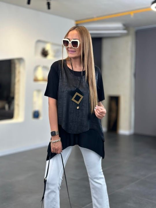 Kadın Kısa Kollu Bisiklet Yaka Yelek Bluz Asimetrik Kesim İkili Takım