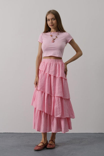 Katlı Kesim Uzun Etek - Pembe