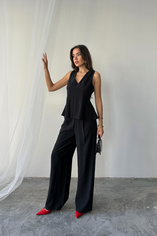 V YAKA KOLSUZ BLUZ - PANTOLON TAKIM MODAL KUMAŞ - Siyah