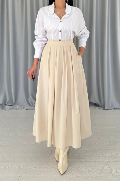 Bej Uzun Pileli Etek