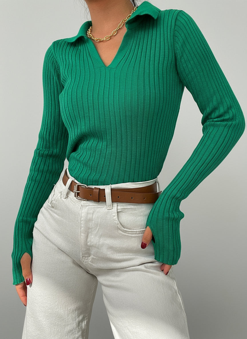 Kadın Yeşil Polo Yaka Parmak Detay Triko Bluz 2047