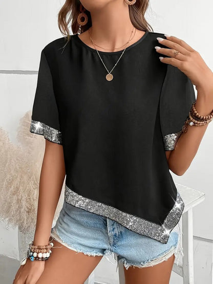 Kadın Kısa Kollu Bisiklet Yaka Asimetrik Kesim Detaylı Pul Payetli Krep Bluz