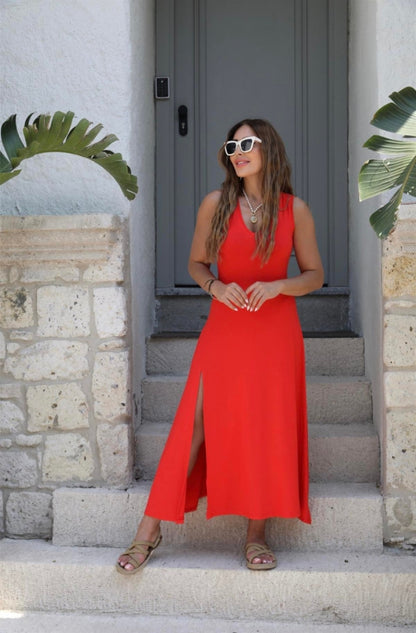 Kadın Askılı V Yakalı Yırtmaçlı Viskon Elbise