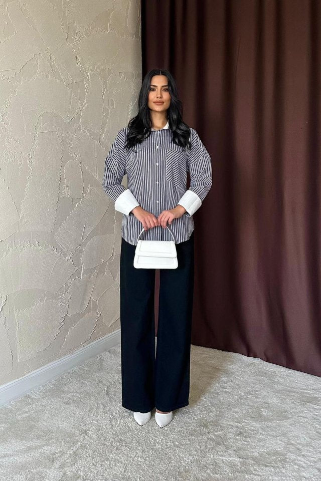Siyah Çizgili Poplin Uzun Kol Gömlek