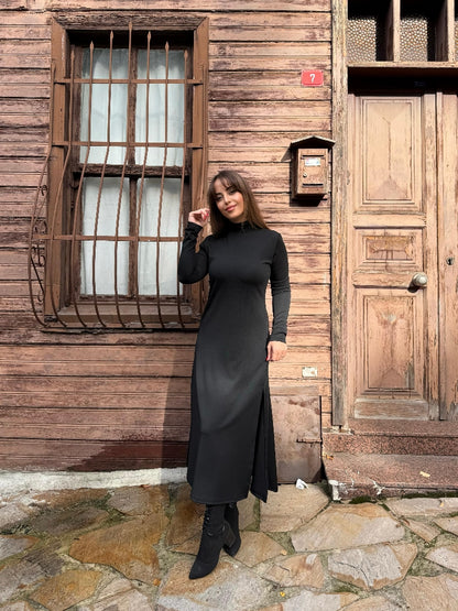 Kadın Uzun Kollu Balıkçı Yaka Derin Yırtmaç Detay Krep Elbise