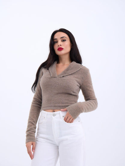 42531 TRİKO SİMLİ YAKALI CROP-KAHVE