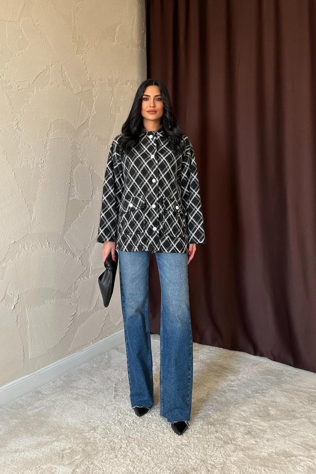 Siyah Polar Baklava Ekose Ceket