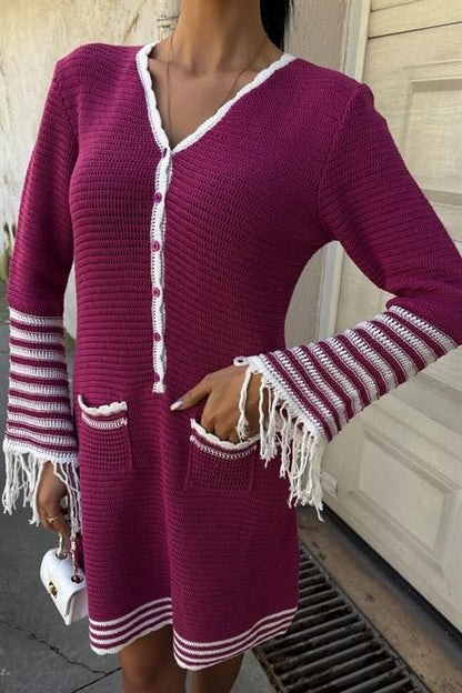 Triko Kolları Püsküllü Düğmeli Elbise 2849