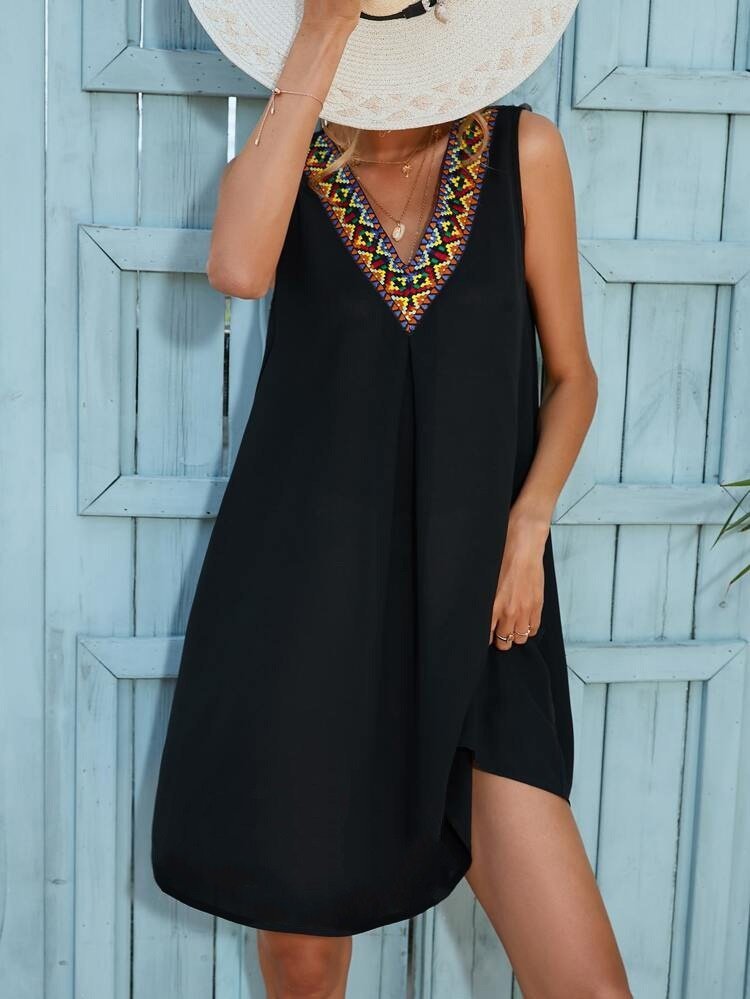 Kadın Sıfır Kol şerit Detaylı V Yaka Viskon Elbise