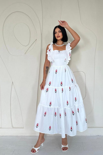 Kırmızı Sıfır Kol Fırfırlı Elbise