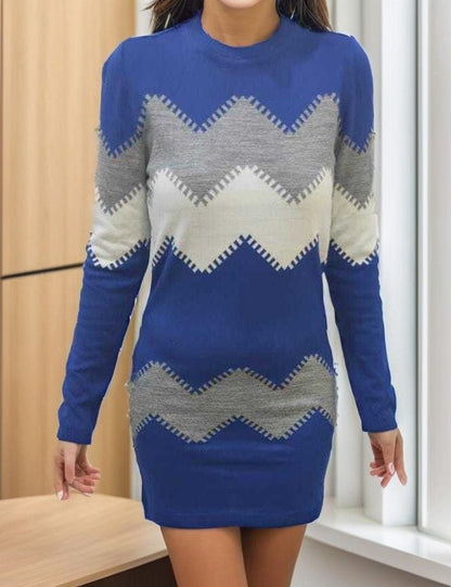 Kadın Uzun Kollu Zigzag Desen Triko Elbise