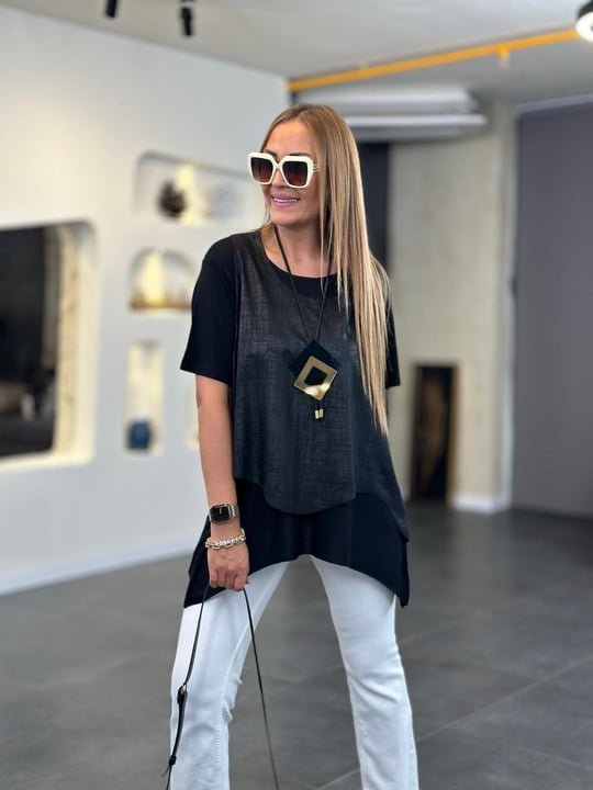 Kadın Kısa Kollu Bisiklet Yaka Yelek Bluz Asimetrik Kesim İkili Takım