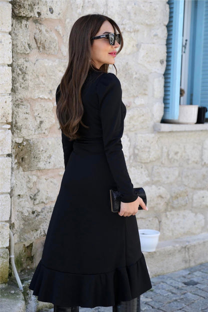 Krep Kumaş Midi Boy Kuşaklı Uzunkol Elbise 113 Cm