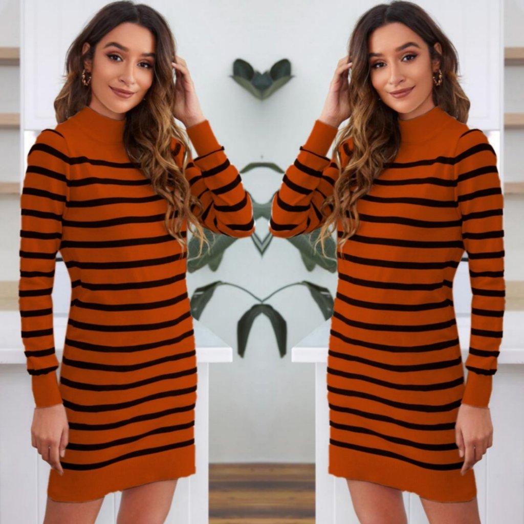 Kadın Uzun Kollu Yarım Balıkçı Yaka çizgilitriko Mini Boy Elbise (kemersiz)