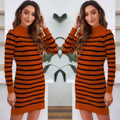 Kadın Uzun Kollu Yarım Balıkçı Yaka çizgilitriko Mini Boy Elbise (kemersiz)
