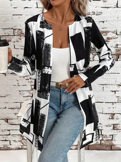 Kadın Uzun Kollu önü Açık Desenli Modal Kısa Ceket