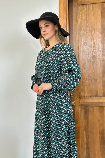 Yeşil Dökümlü Desenli Elbise