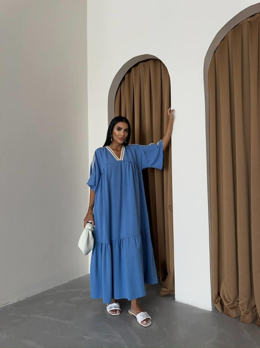 YAKA-KOL HASIR BİYE ŞERİTLİ KETEN SALAŞ ELBİSE - Mavi