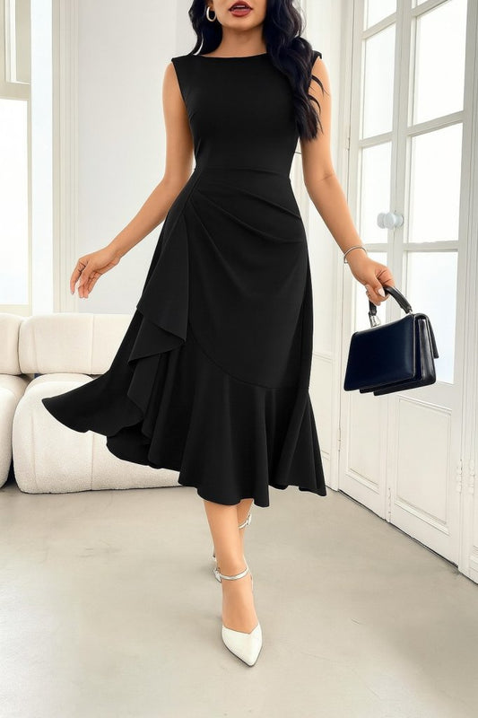 Kadın Sıfır Kollu Belden Büzgülü Eteği Volanlı Asimetrik Kesim Midi Janjan Krep Elbise