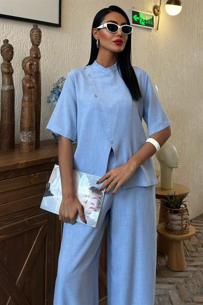 Hakim Yaka Çapraz Düğmeli Plazzo Pantolon Viscon Keten Takım 10091