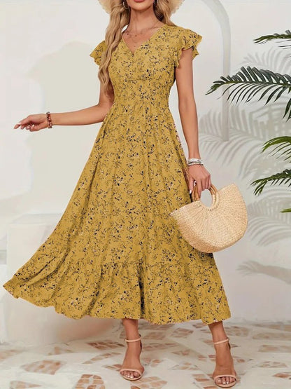 Kadın Kısa Kollu Kruvaze Yaka Beli Lastikli çiçek Desenli Elbise