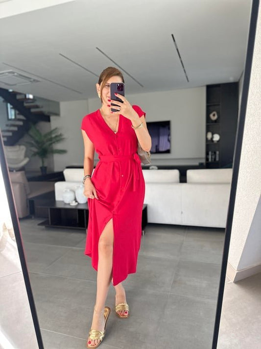 Kadınn V Yaka Düğme Detay Kuşak Dahil Elbise