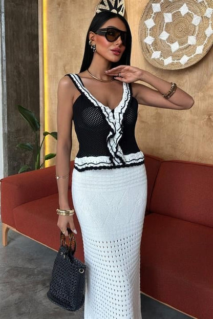 Fırfır Detaylı Uzun Etekli Triko Takım 10115