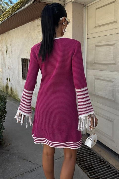 Triko Kolları Püsküllü Düğmeli Elbise 2849