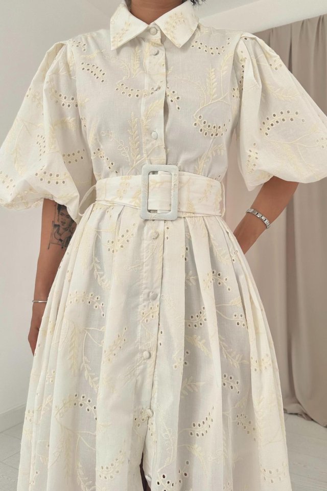 Ekru Pileli Balkon Elbise