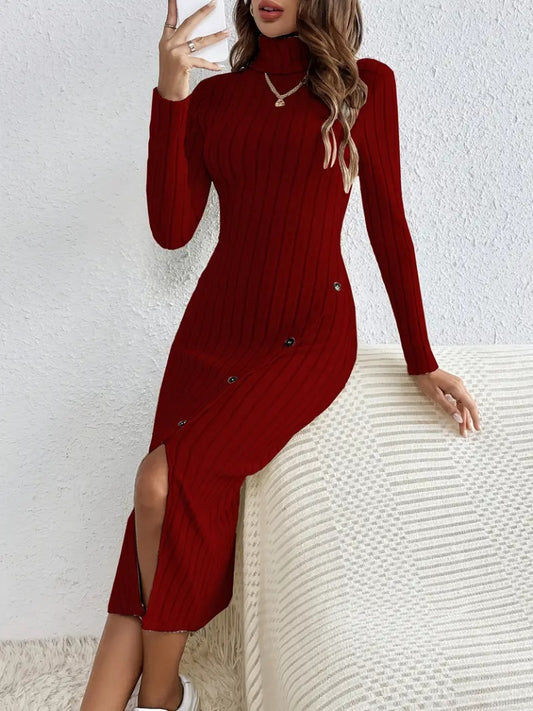 Kadın Uzun Kollu Balıkçı Yaka Yırtmaçlı Düğmeli şardonlu Kaşkorse Elbise(kemersiz)