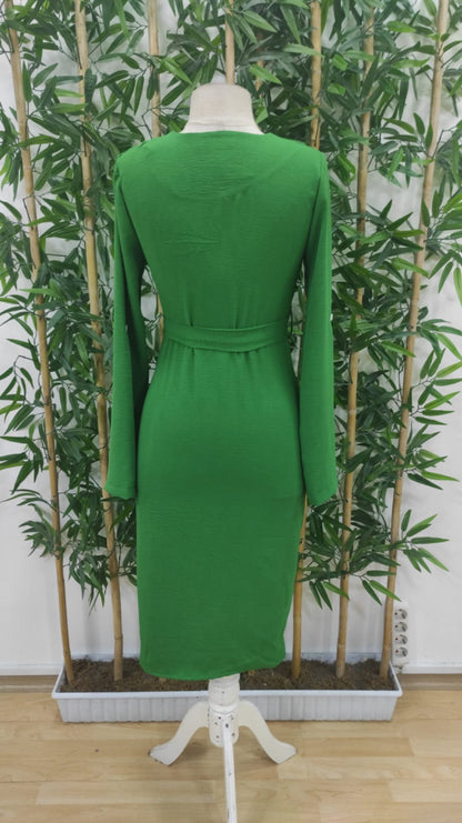 Kadın Uzun Kollu önden Düğmeli Beli Kuşaklı Aerobin Midi Elbise