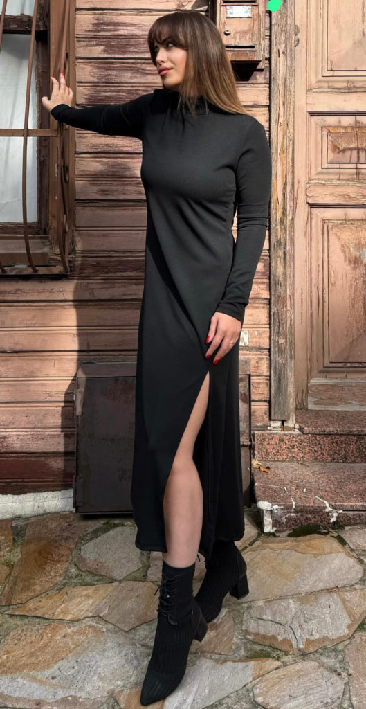 Kadın Uzun Kollu Balıkçı Yaka Derin Yırtmaç Detay Krep Elbise