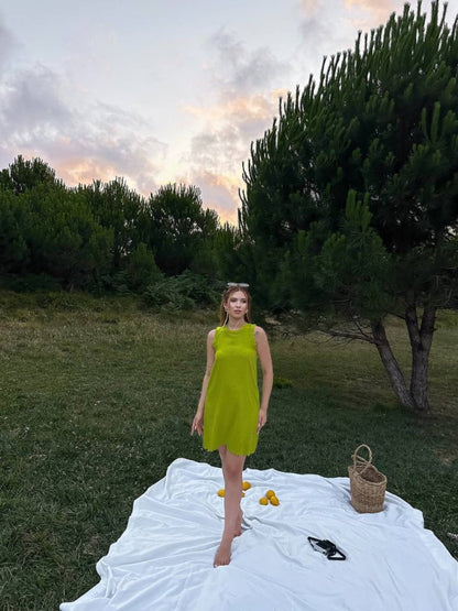 Kadın Keten Kumaş Kolsuz Mini Boy Elbise