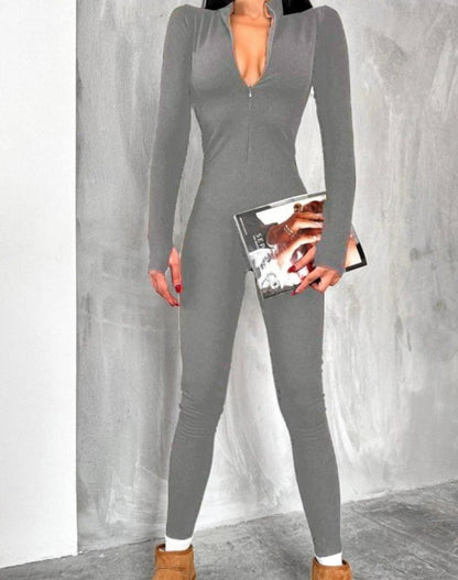 Kadın Uzun Kollu V Yaka Baş Parmak Geçirmeli Detay Kaşkorse Tulum