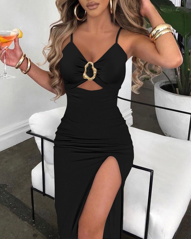 Kadın Ip Askılı Toka Detaylı Yırtmaçlı Janjan Krep Elbise