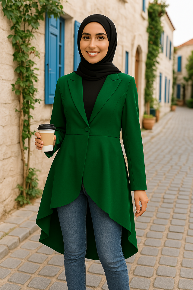 Kadın Uzun Kollu Yakalı önden Düğmeli Uzun Atlas Blazer Ceket