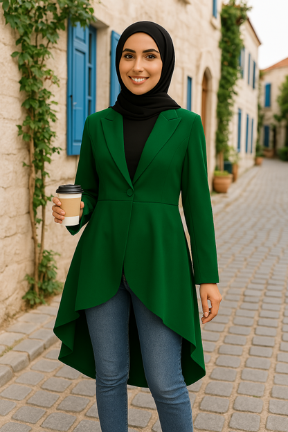 Kadın Uzun Kollu Yakalı önden Düğmeli Uzun Atlas Blazer Ceket