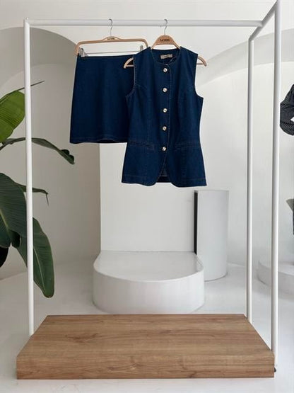 Kolsuz Yelekli Mini Etekli Denim Takım 10164