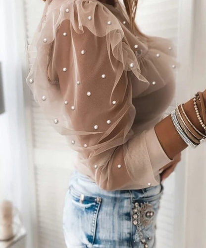 Kadın Uzun Kollu Inci Detaylı Tüllü Viskon Bluz