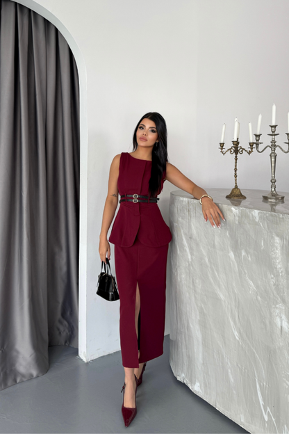 CEKET-ETEK GÖRÜNÜMLÜ ELBİSEÇİFT KEMER DETAYLI - Bordo