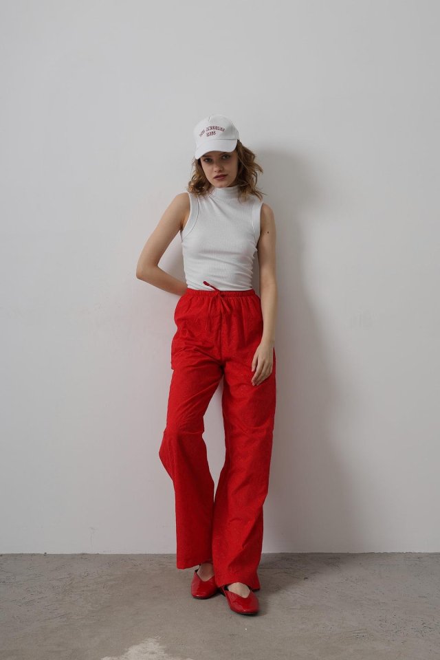 Beli Bağlamalı Brode Pantolon - Kırmızı