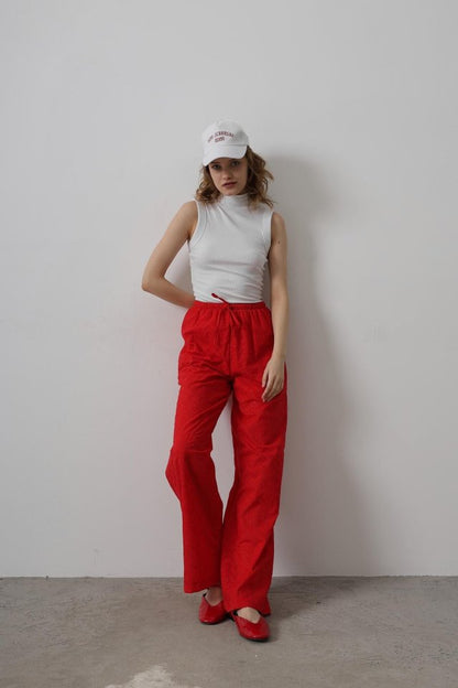 Beli Bağlamalı Brode Pantolon - Kırmızı