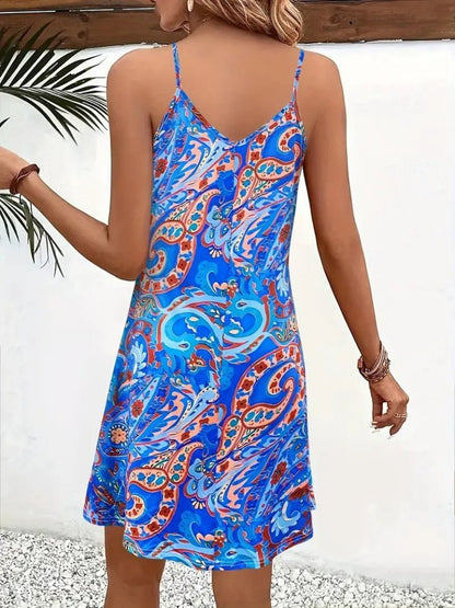 Kadın Ip Askılı V Yakalı Desenli Kısa Süprem Mini Elbise