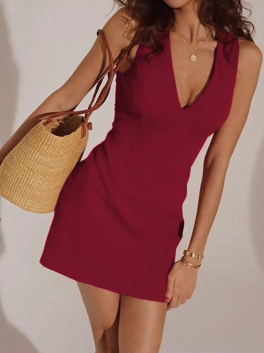 Kadın Sıfır Kollu Derin V Yakalı Janjan Krep Elbise