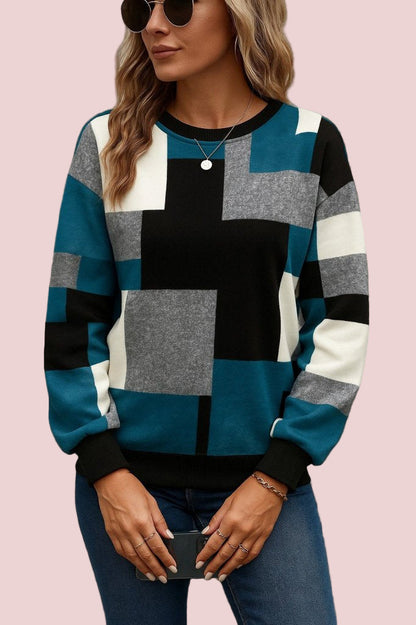 Kadın Uzun Kollu Bisiklet Yaka Renkli Blok Baskı Dalgıç Bluz