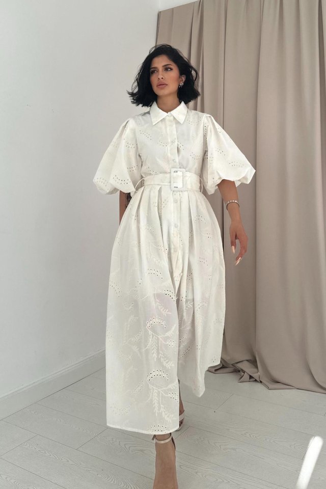 Ekru Pileli Balkon Elbise