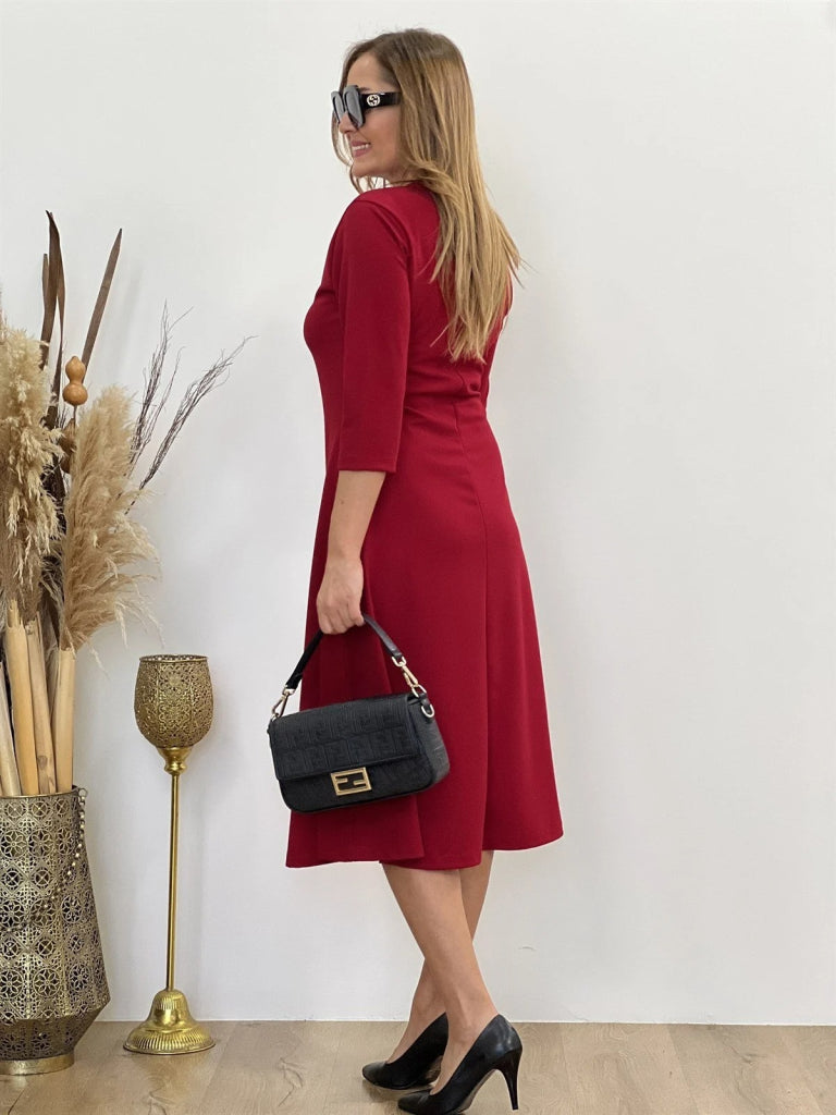 Kadın Uzun Truvakar Kol Bisiklet Yaka Midi Modal Elbise